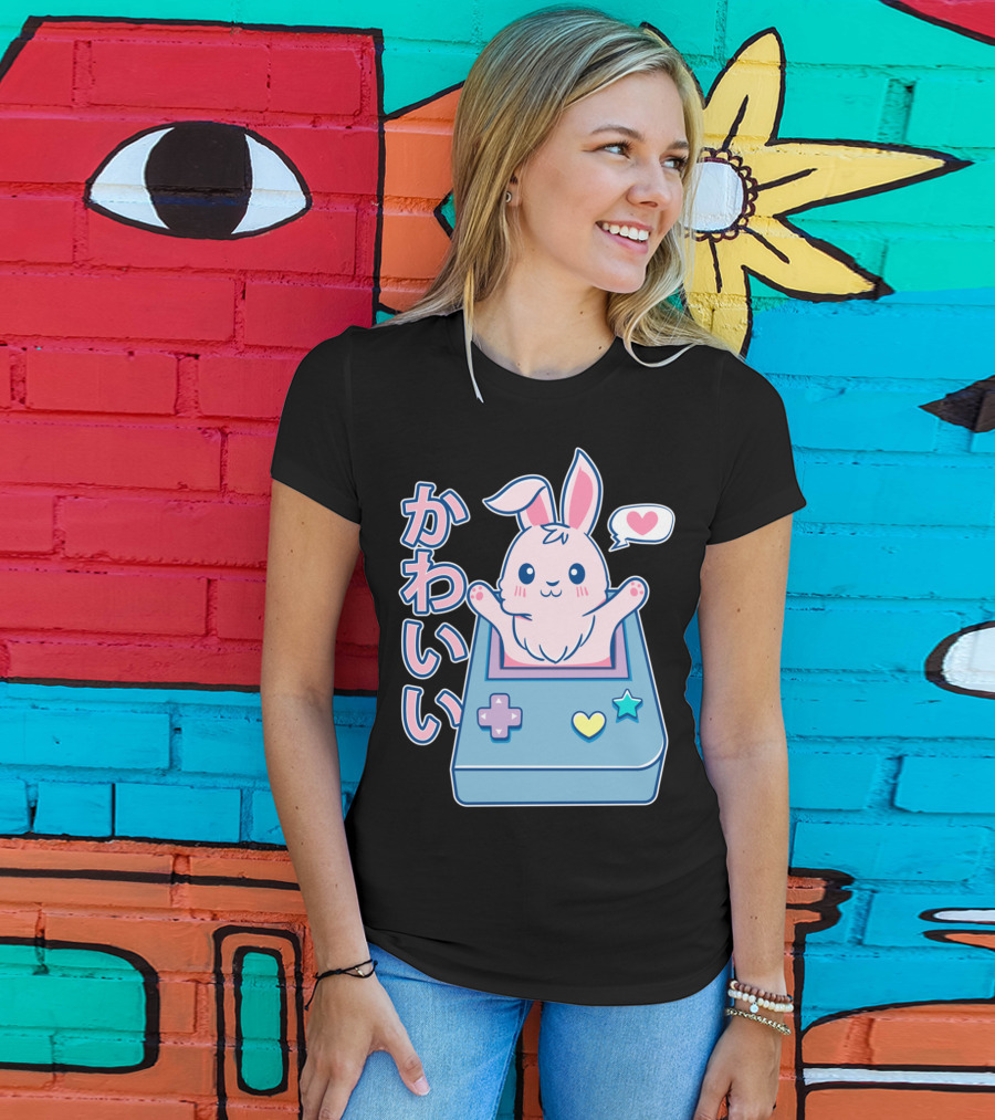Kawaii Gamer Bunny Rabbit In Pastel Colors With Japanese Text And Game Console T-Shirt