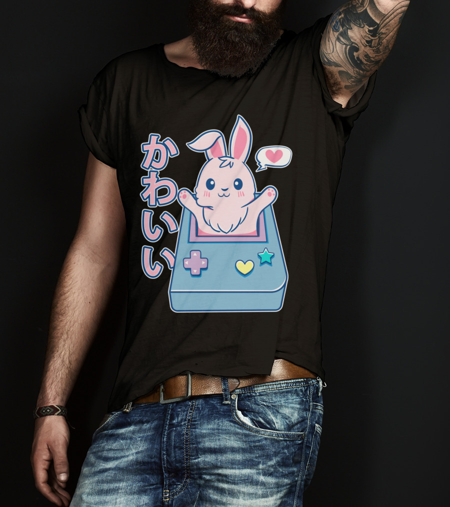 Kawaii Gamer Bunny Rabbit In Pastel Colors With Japanese Text And Game Console T-Shirt