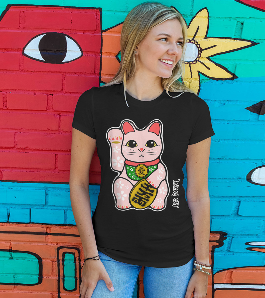Lucky Cat Manekineko Japanese Love Prosperity Symbol Icon Floral T-Shirt