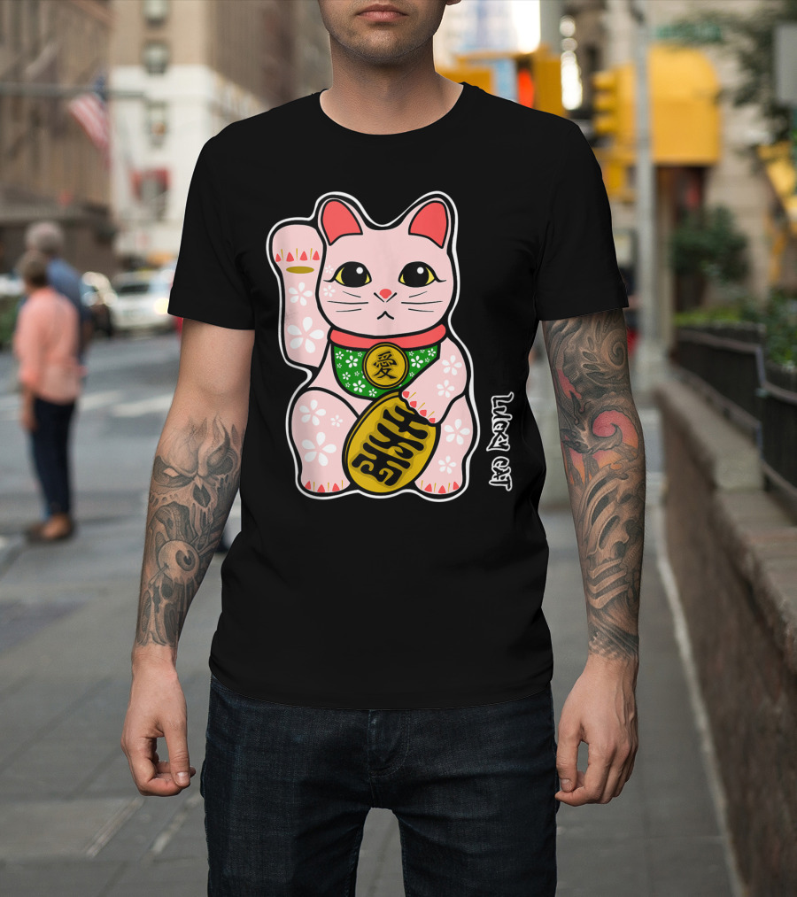 Lucky Cat Manekineko Japanese Love Prosperity Symbol Icon Floral T-Shirt