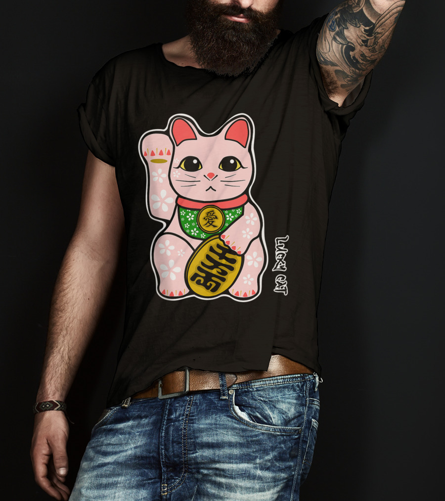 Lucky Cat Manekineko Japanese Love Prosperity Symbol Icon Floral T-Shirt
