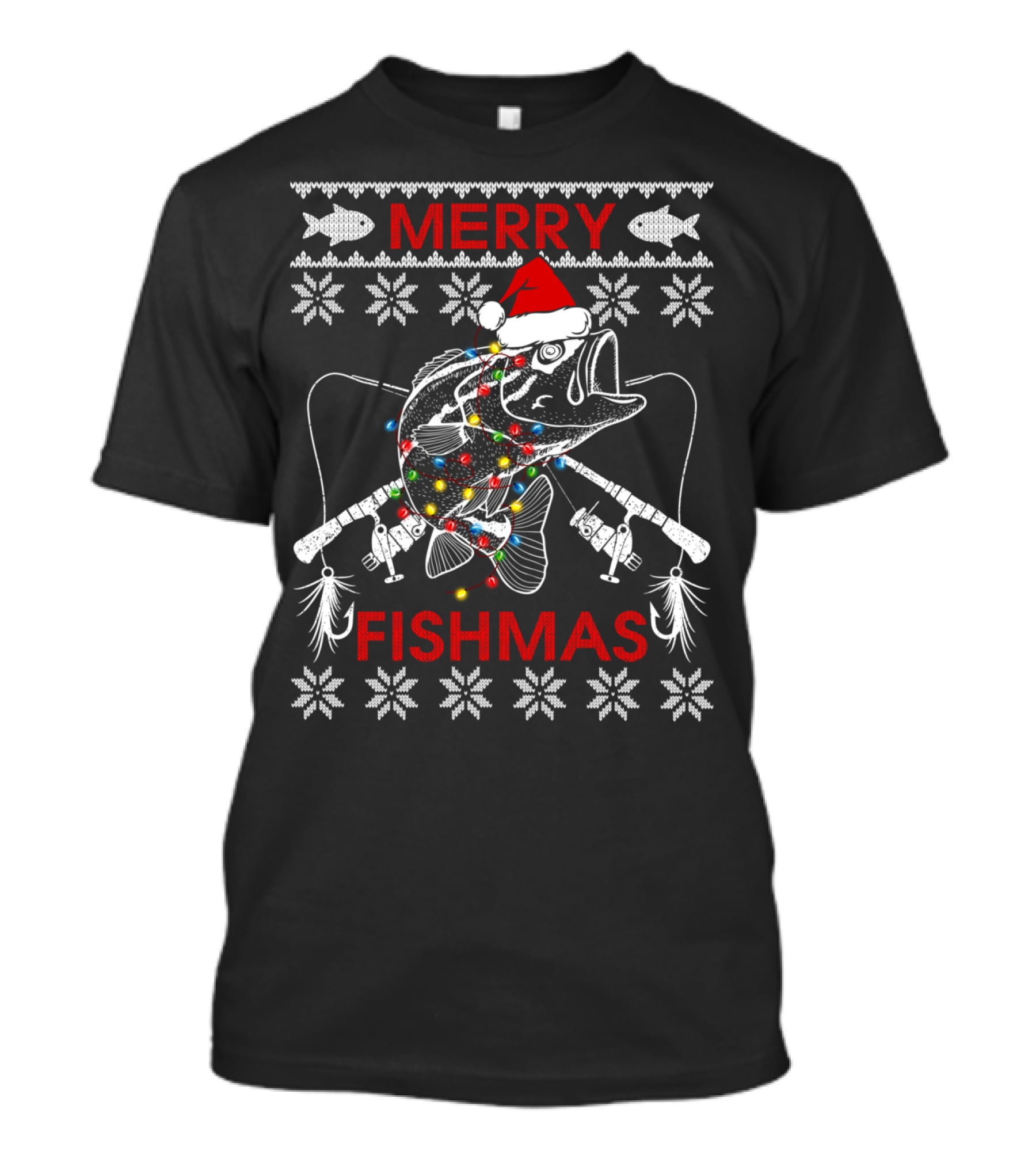Merry Fishmas Ugly Xmas Santa Hat Bass With Fishing Rods And Lights T-Shirt