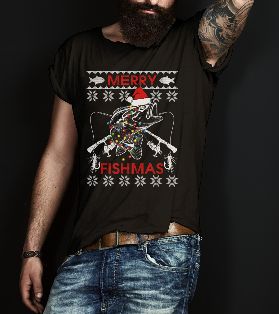 Merry Fishmas Ugly Xmas Santa Hat Bass With Fishing Rods And Lights T-Shirt