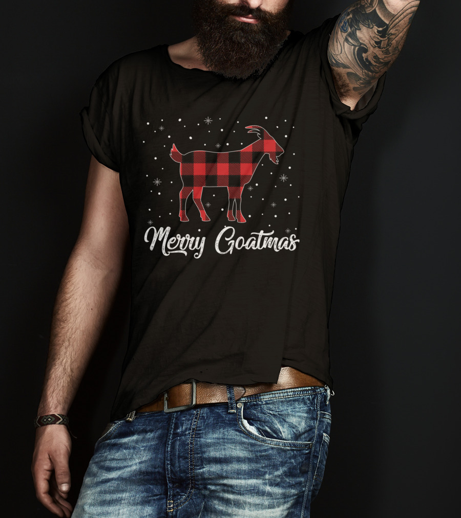 Merry Goatmas Red Plaid Goat Snowflakes T-Shirt