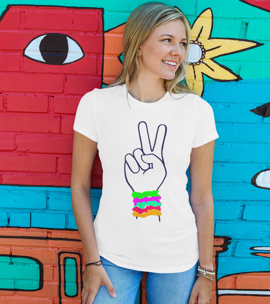 Peace Hand Sign With Colorful Scrunchies T-Shirt