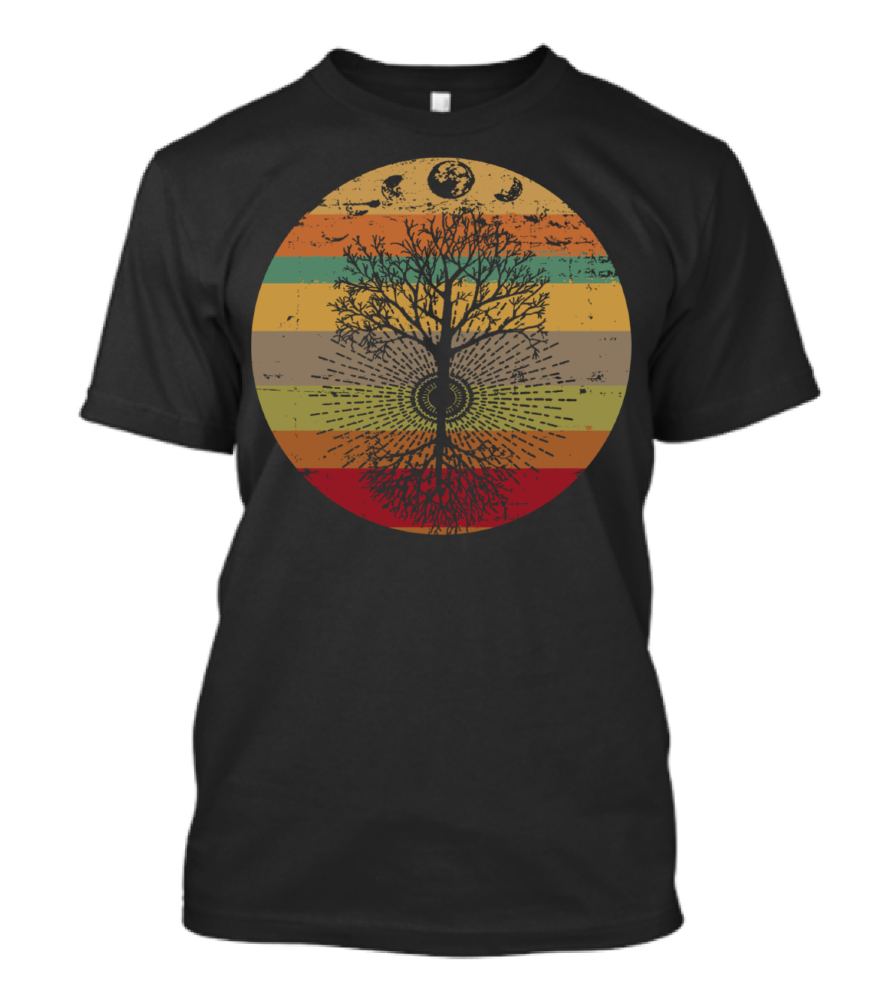Phases Of The Moon Retro Tree With 60s 70s Vibe Rainbow Stripes T-Shirt