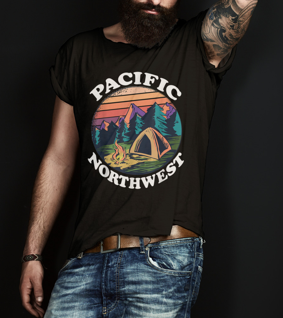 Pacific Northwest Camping Tent Campfire Forest Scene T-Shirt