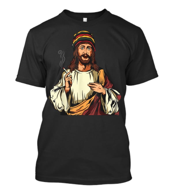 Pot Smoking Jesus Christ Cannabis Weed Rasta Hat Smoking Joint T-Shirt