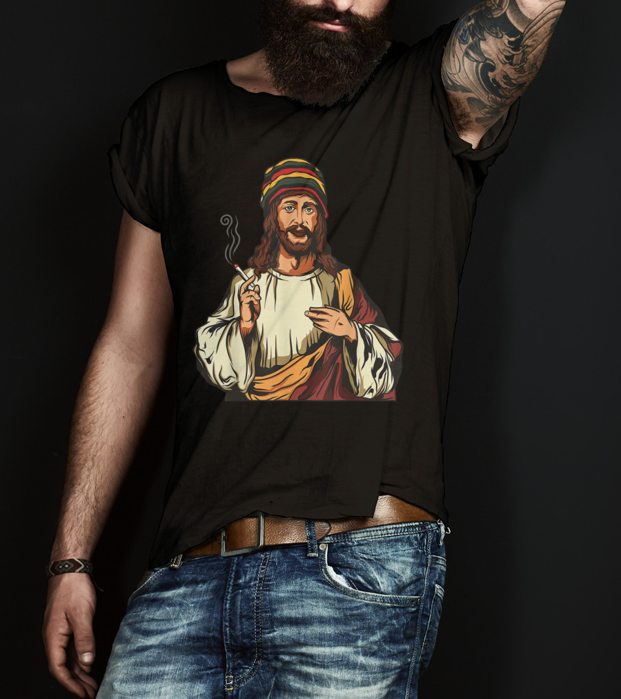 Pot Smoking Jesus Christ Cannabis Weed Rasta Hat Smoking Joint T-Shirt