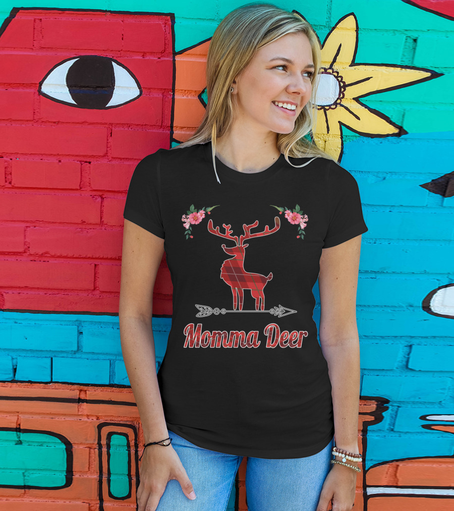 Red Plaid Momma Deer Buffalo Reindeer Floral T-Shirt