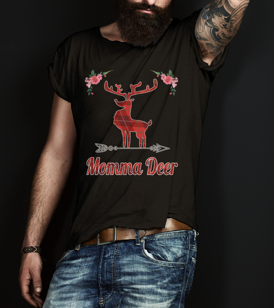 Red Plaid Momma Deer Buffalo Reindeer Floral T-Shirt