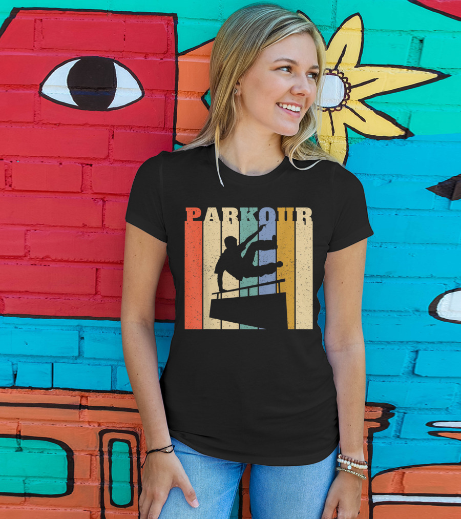 Retro Parkour Silhouette Against Striped Vintage Backdrop T-Shirt
