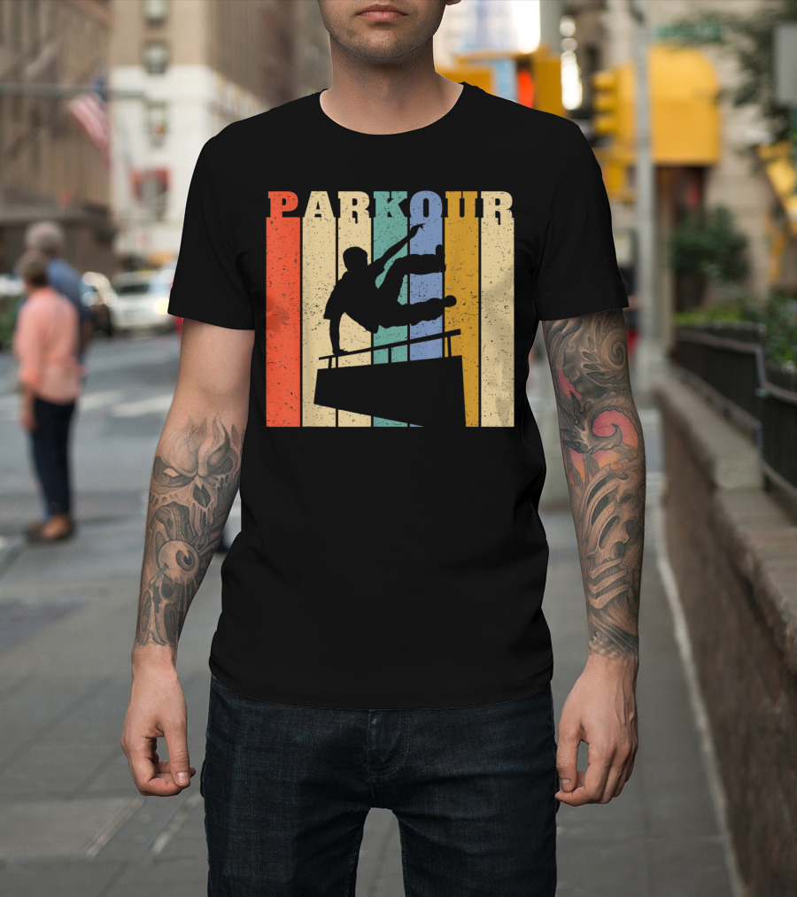 Retro Parkour Silhouette Against Striped Vintage Backdrop T-Shirt