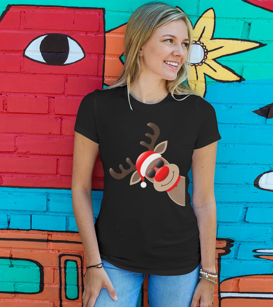 Rudolph Red Nose Reindeer Santa Hat Sunglasses T-Shirt
