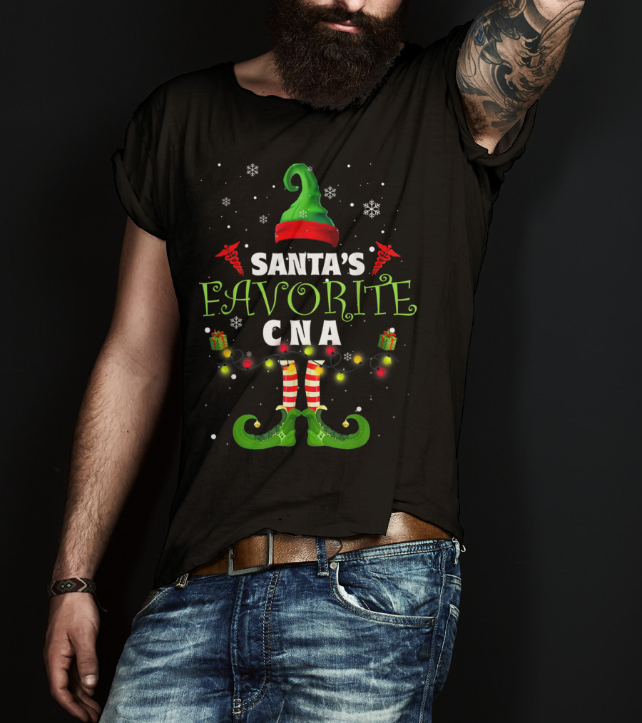 Santa's Favorite CNA Christmas Elf Hat Lights Snowflakes T-Shirt
