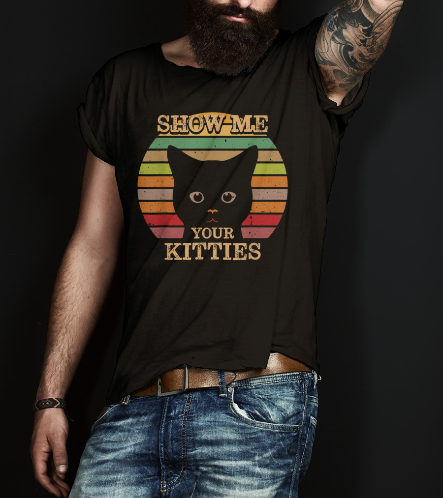 Show Me Your Kitties Retro Cat Lover Rainbow Stripes T-Shirt
