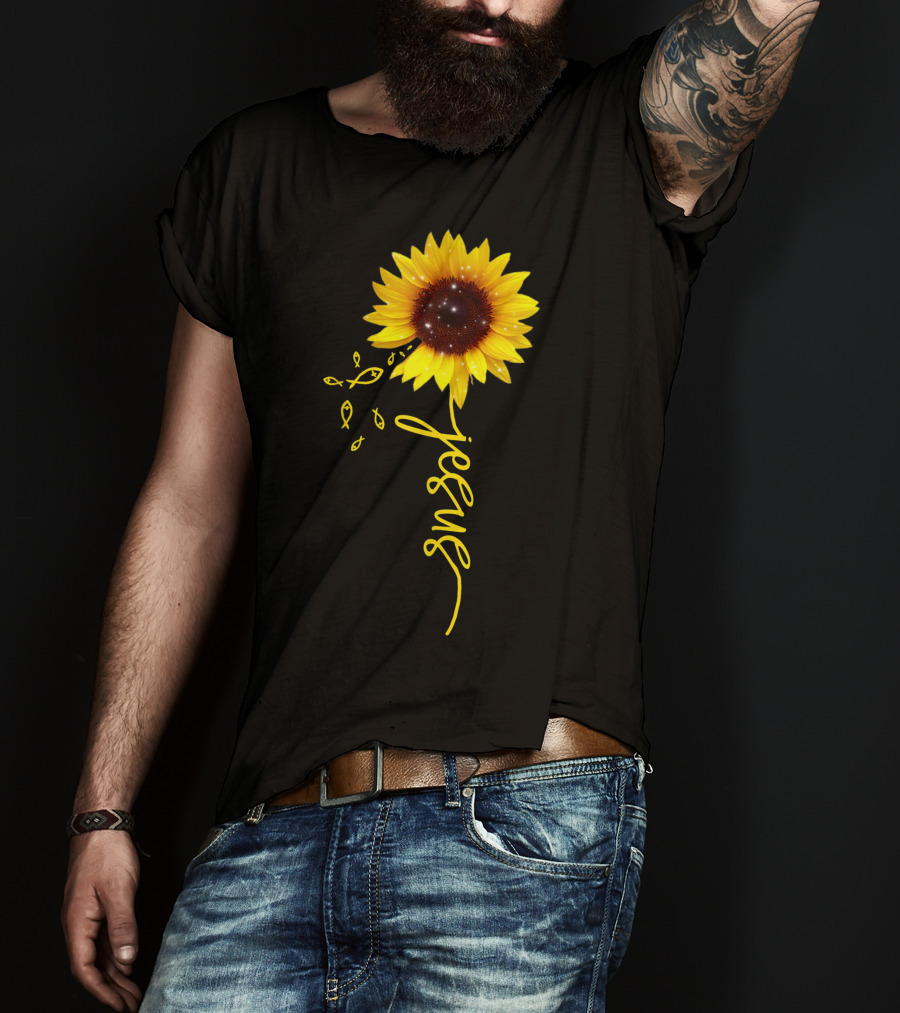 Sunflower Jesus Christian Faith Cross With Ichthys Symbols T-Shirt