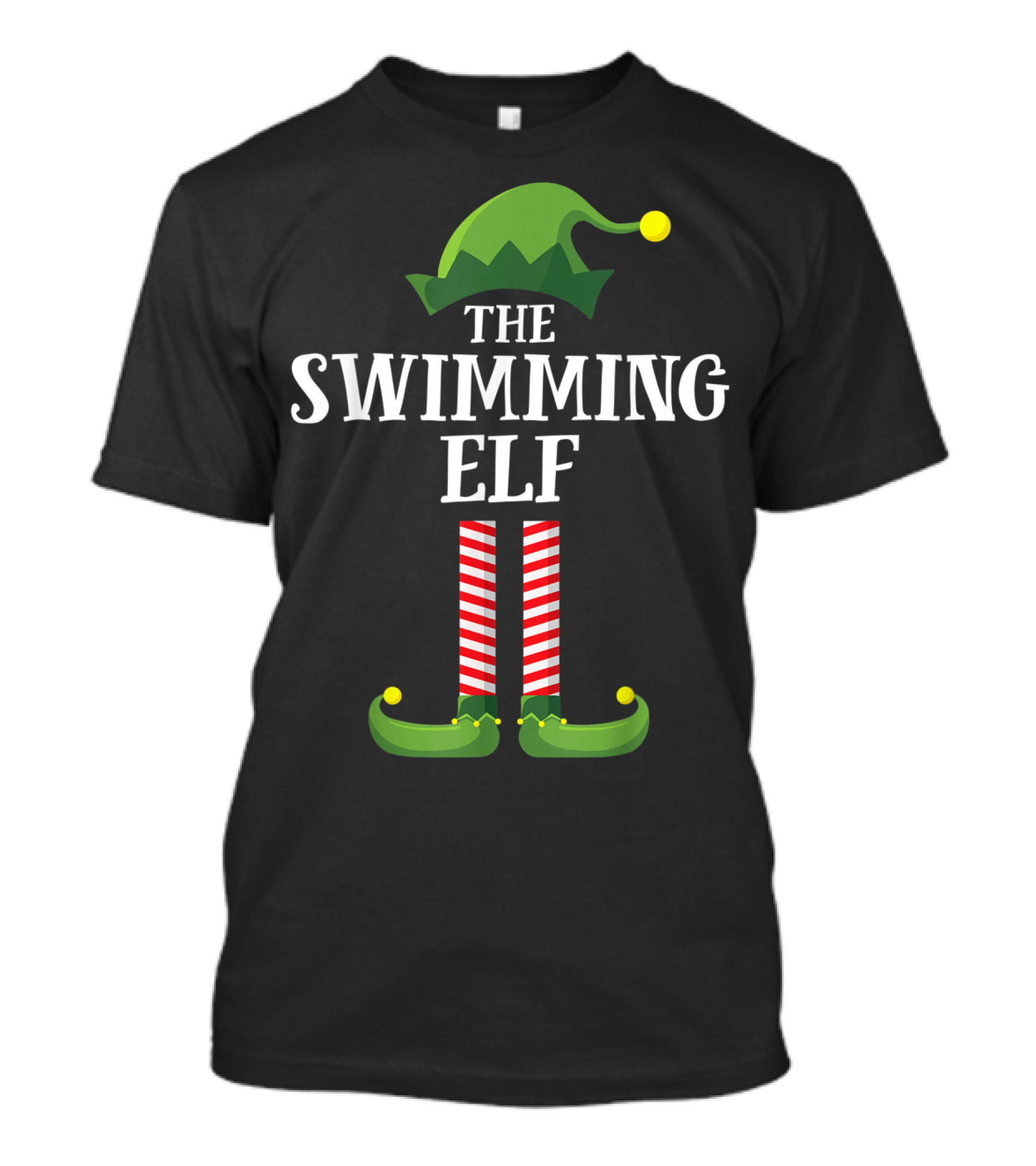 The Swimming Elf Matching Family Group Christmas Hat And Striped Stockings T-Shirt