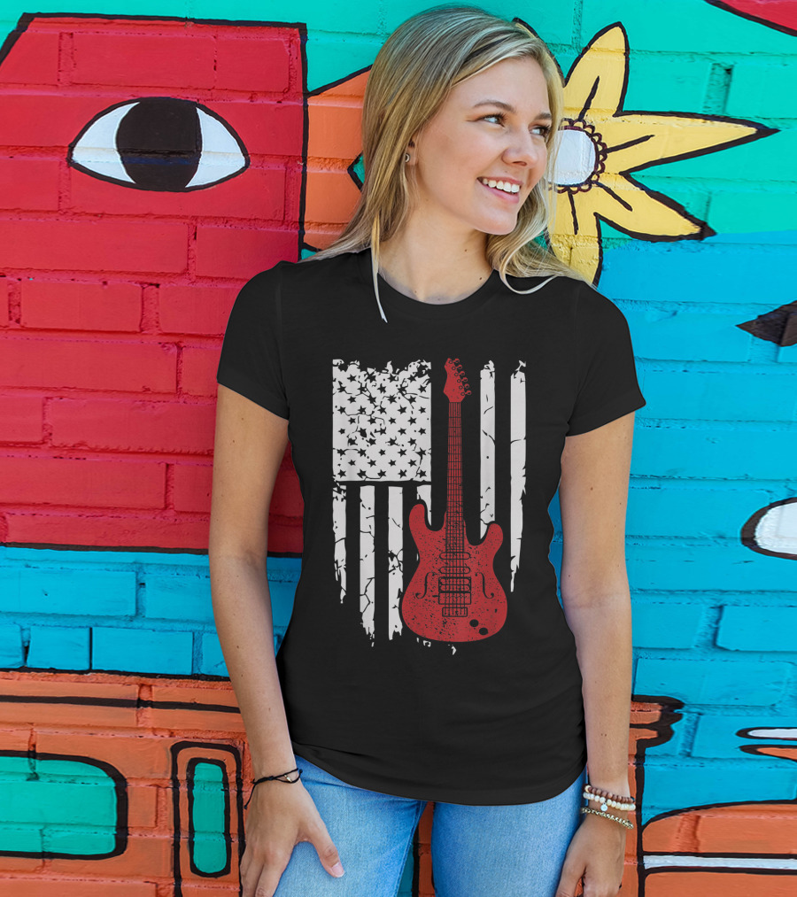 Usa American Flag Guitar Musician Guitars Red Electric Vintage Grunge T-Shirt