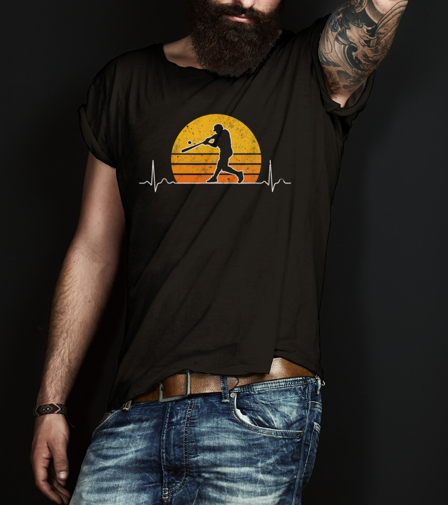 Vintage Baseball Player Heartbeat Sunset Scene T-Shirt