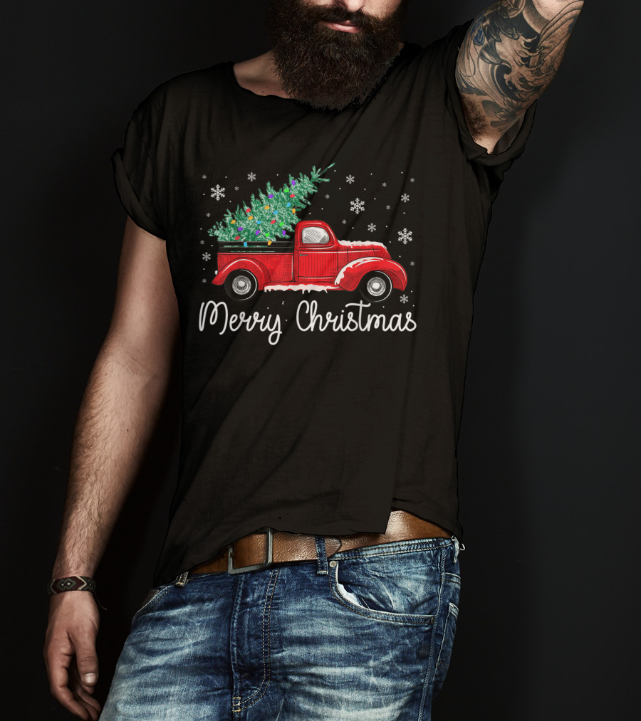 Vintage Red Truck With Christmas Tree And Merry Christmas Snowflakes T-Shirt