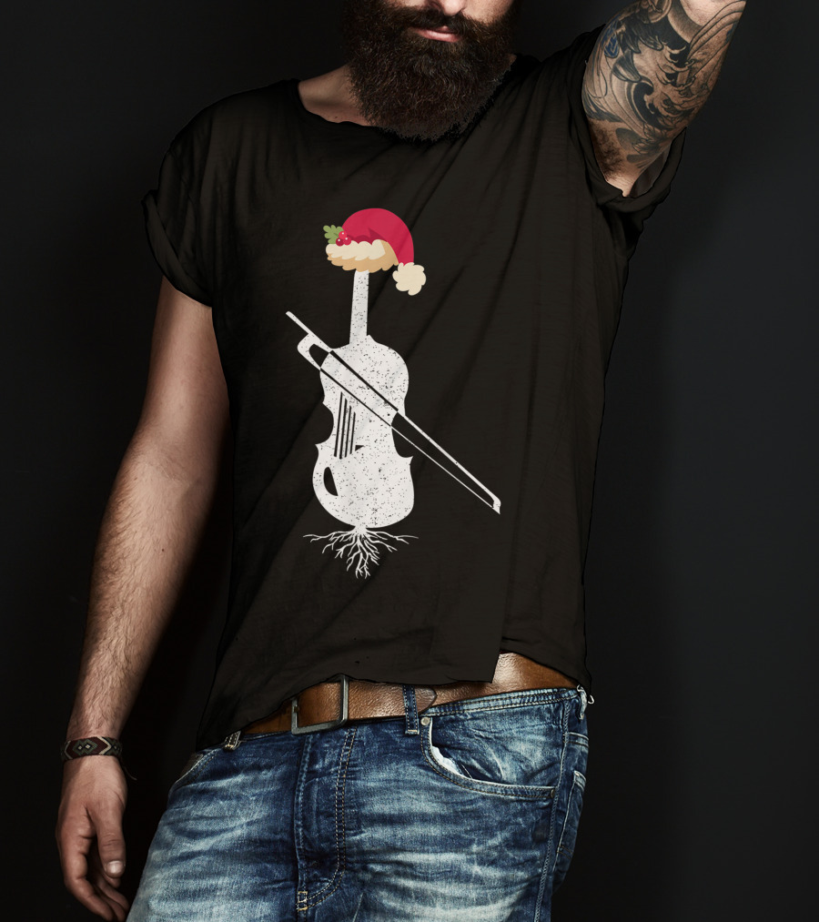 Violin Santa Hat Christmas Tree Vintage Style Holiday Decor T-Shirt