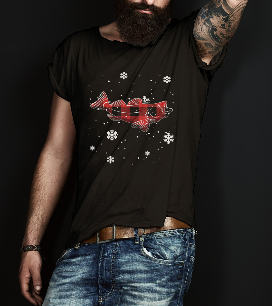Walleye Red Plaid Snowflakes T-Shirt