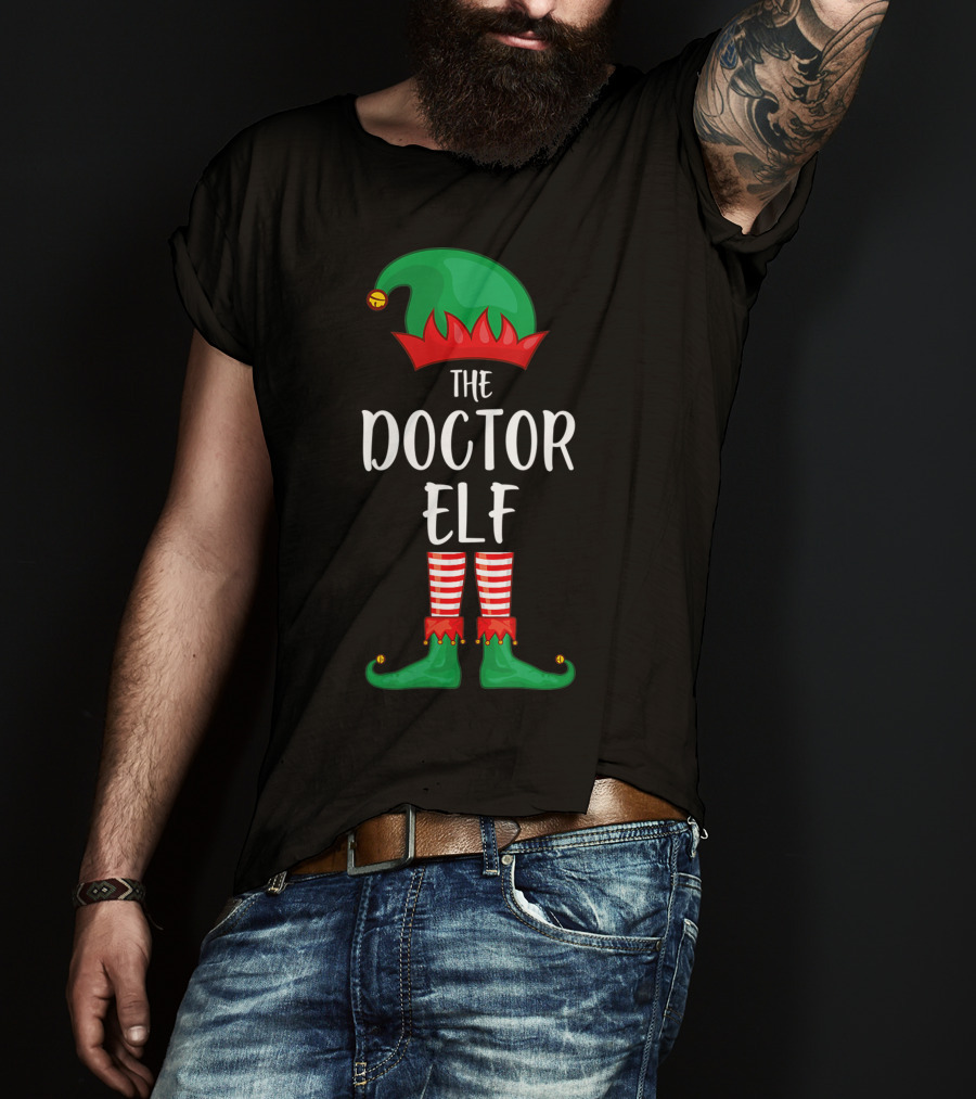 The Doctor Elf Christmas Party Jester Hat And Striped Tights T-Shirt