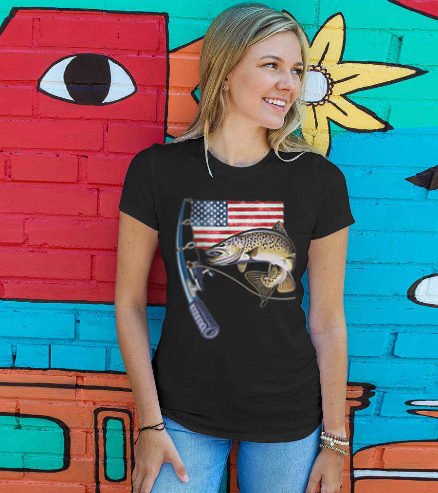 Fishing Hooked On A Feeling American Flag Rod Fish T-Shirt