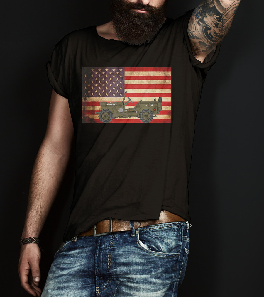 American USA Flag Willys Jeep WW2 Military Army Vehicle Stars And Stripes Vintage Retro Iconic T-Shirt