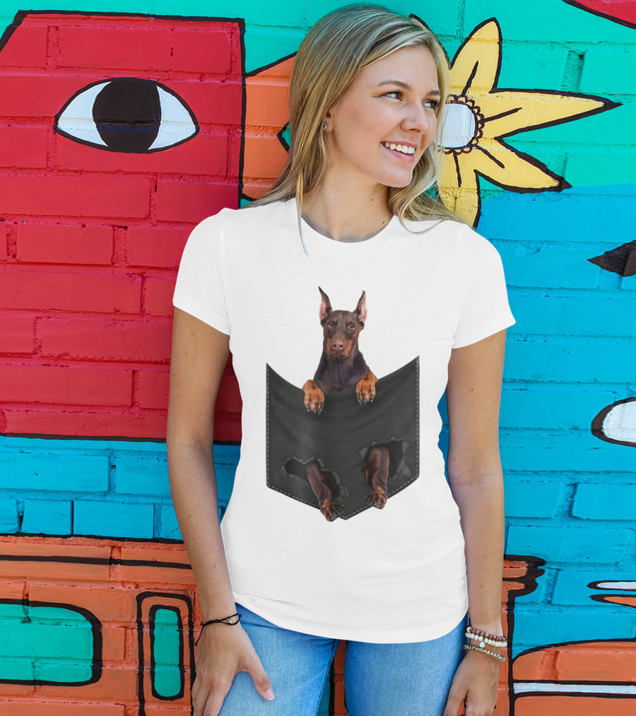Doberman Pinscher Peeking From Ripped Pocket T-Shirt