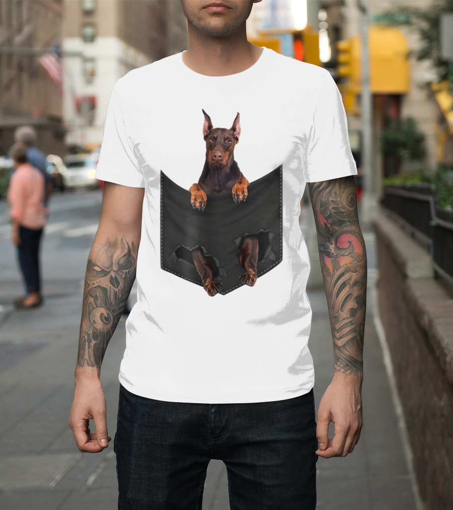 Doberman Pinscher Peeking From Ripped Pocket T-Shirt