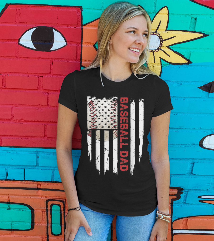 Baseball Dad American Flag Patriotic Stars Stripes Sports Enthusiast T-Shirt