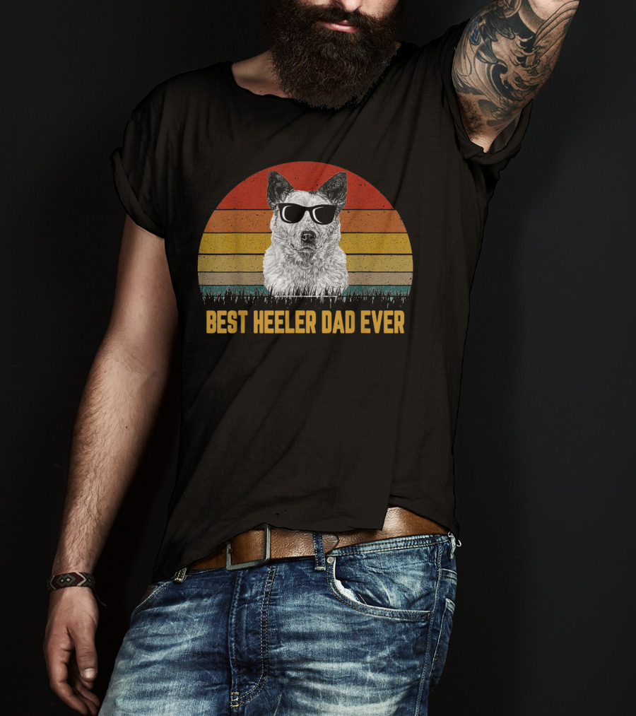 Best Heeler Dad Ever Retro Sunglasses Dog Sunset T-Shirt