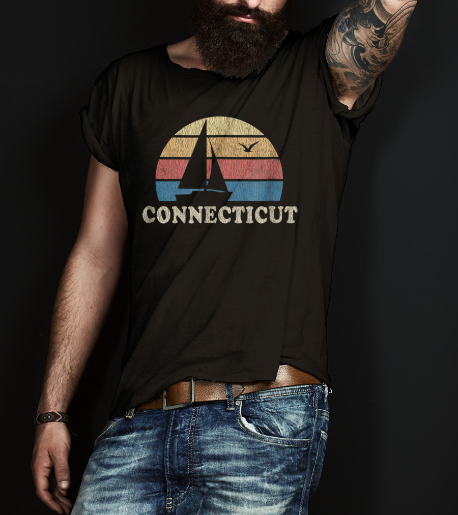 Connecticut 70s Vintage Sailboat Sunset Throwback T-Shirt