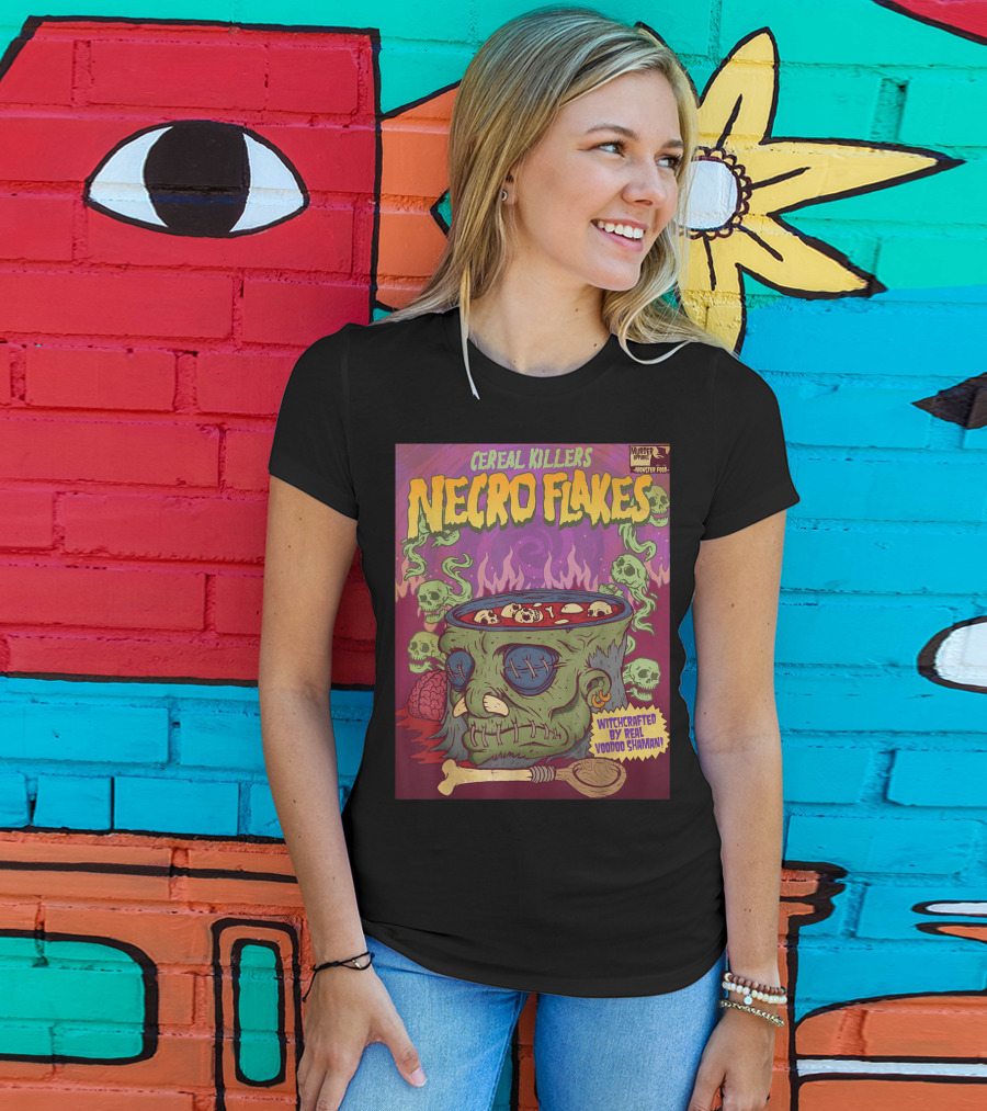 Cereal Killers Necro Flakes Witchcrafted By Real Voodoo Shaman Monster Food Horror Fans Nerds T-Shirt