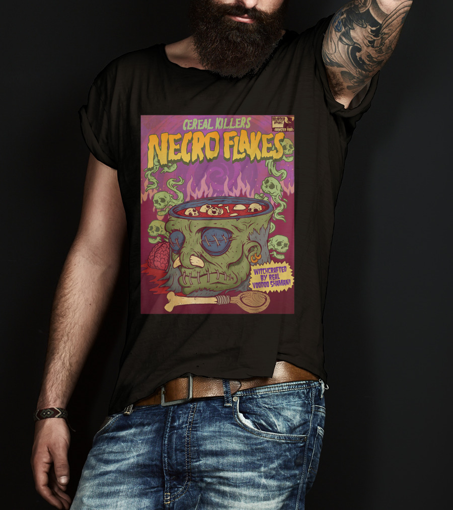 Cereal Killers Necro Flakes Witchcrafted By Real Voodoo Shaman Monster Food Horror Fans Nerds T-Shirt