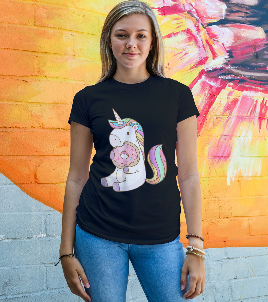 Cute Hungry Unicorn Enjoying A Delicious Donut With Sprinkles T-Shirt