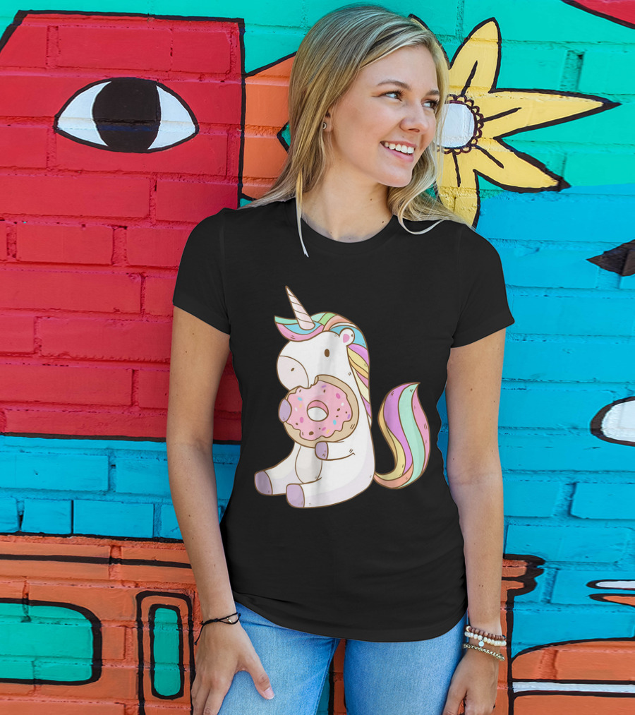 Cute Hungry Unicorn Enjoying A Delicious Donut With Sprinkles T-Shirt
