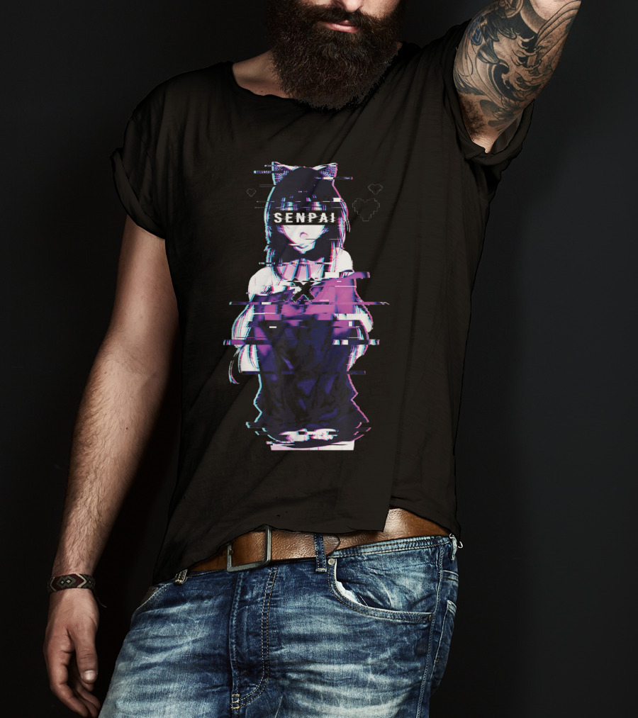 Japanese Anime Senpai Cat Girl Glitch Art Notice Me Senpai T-Shirt