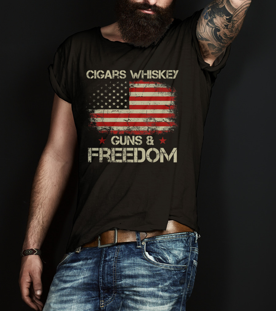 Cigars Whiskey Guns Freedom American Flag Patriotic USA Stars Stripes T-Shirt