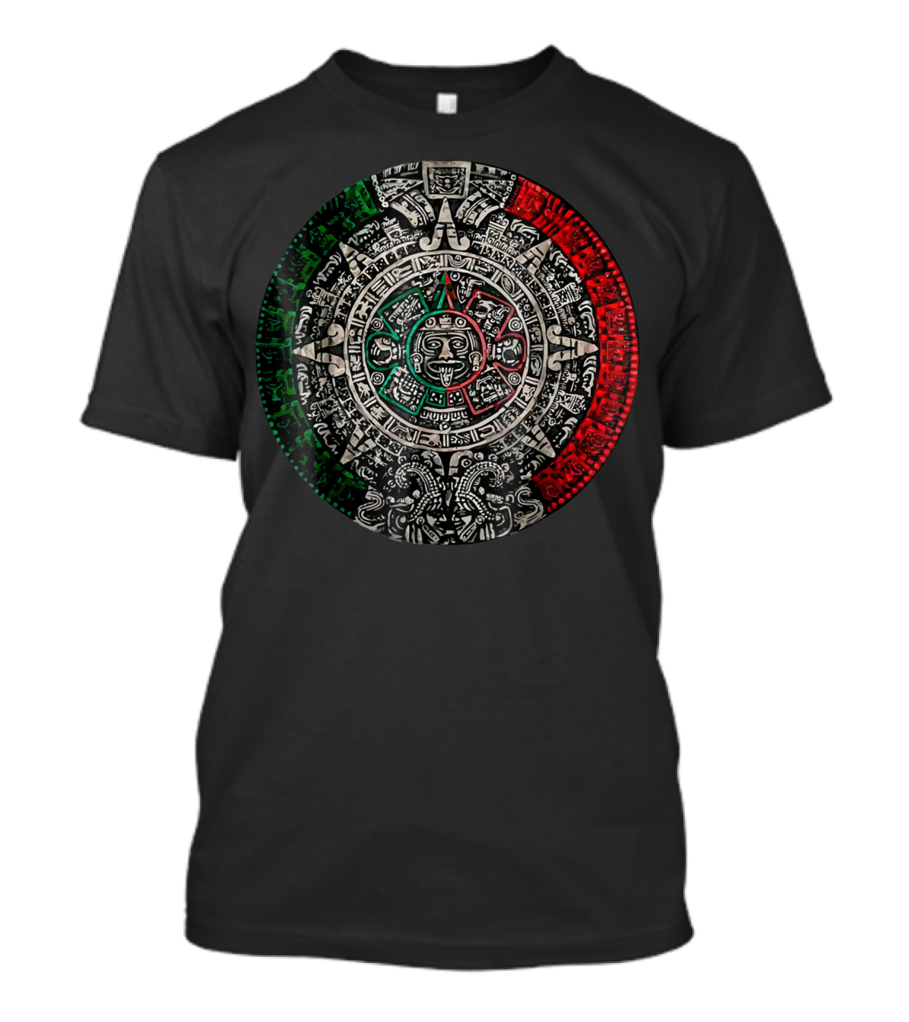 Aztec Calendar Sun Stone Mexican Flag Colors Carving Maya Mayans T-Shirt