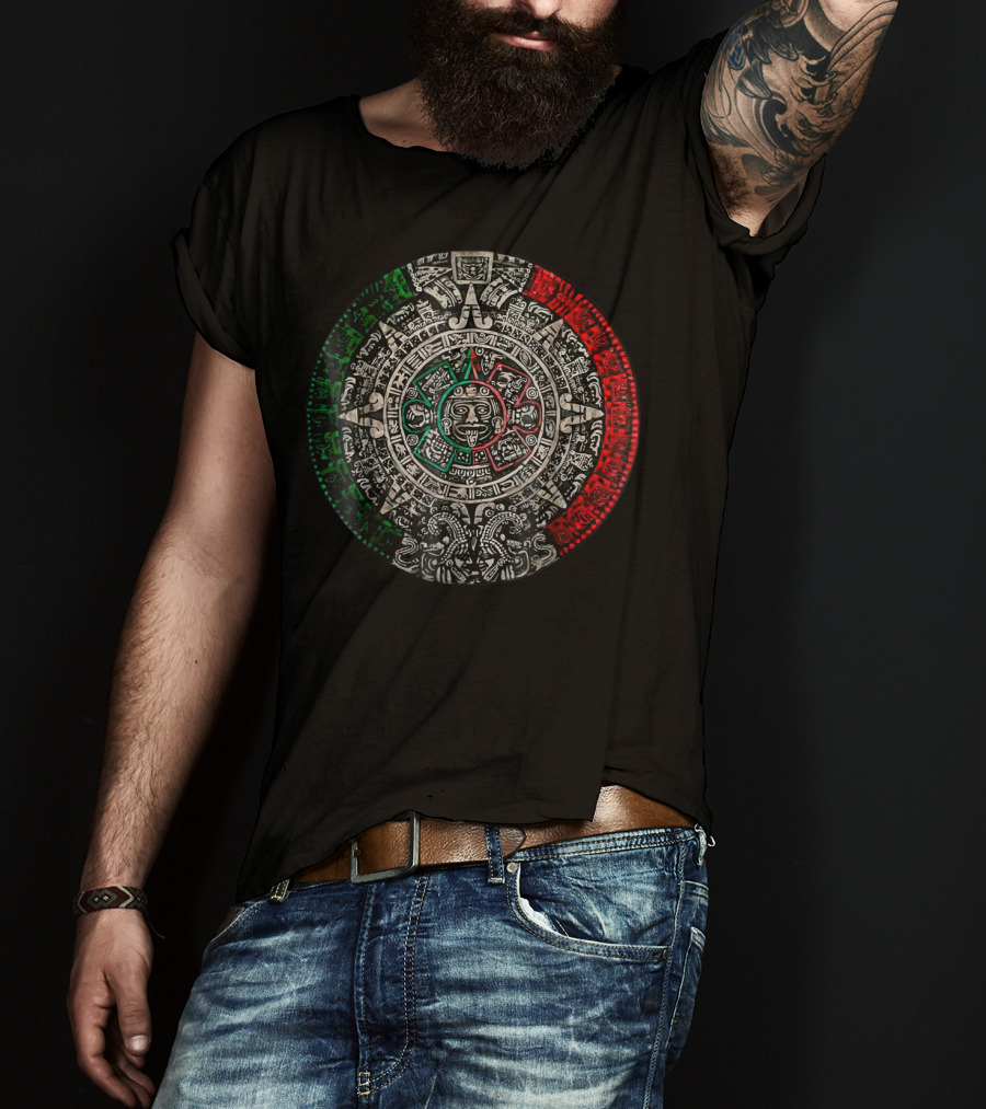 Aztec Calendar Sun Stone Mexican Flag Colors Carving Maya Mayans T-Shirt