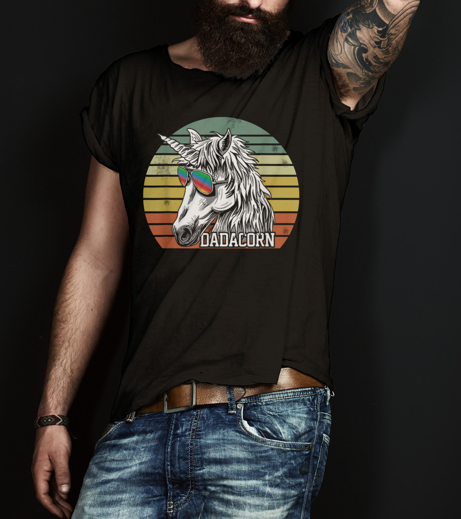 Dadacorn Rainbow Sunglasses Unicorn Retro Stripes T-Shirt