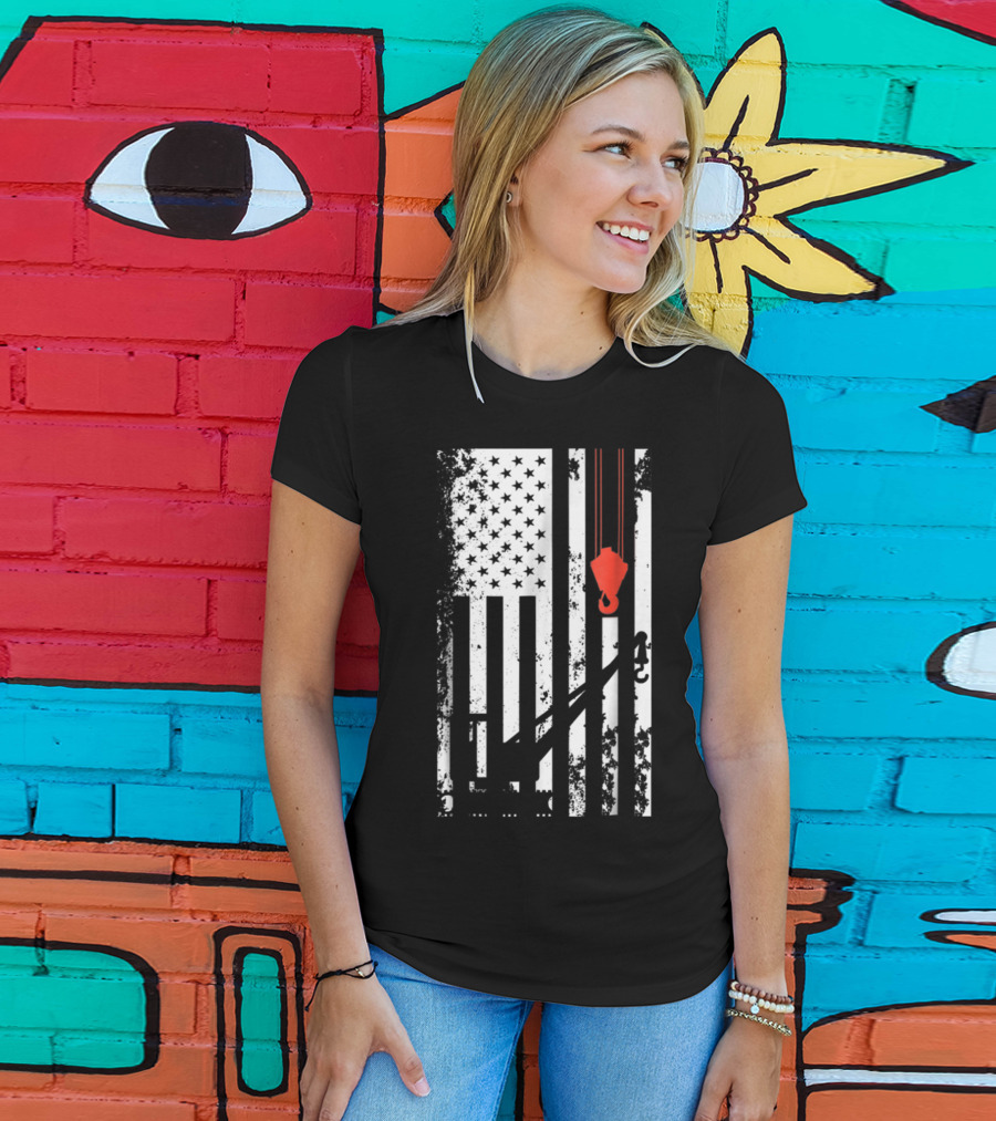 American Flag Crane Operator Hook And Lines T-Shirt