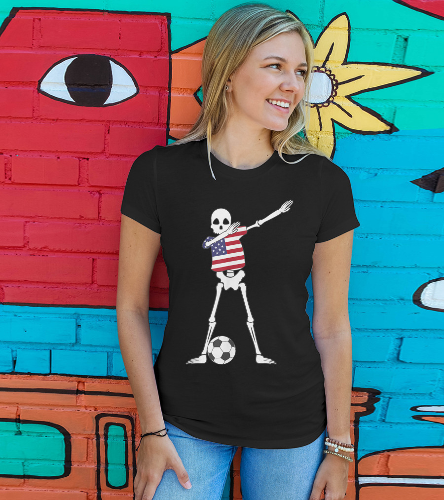 Dabbing Skeleton USA Soccer American Flag Dab Dance Football T-Shirt