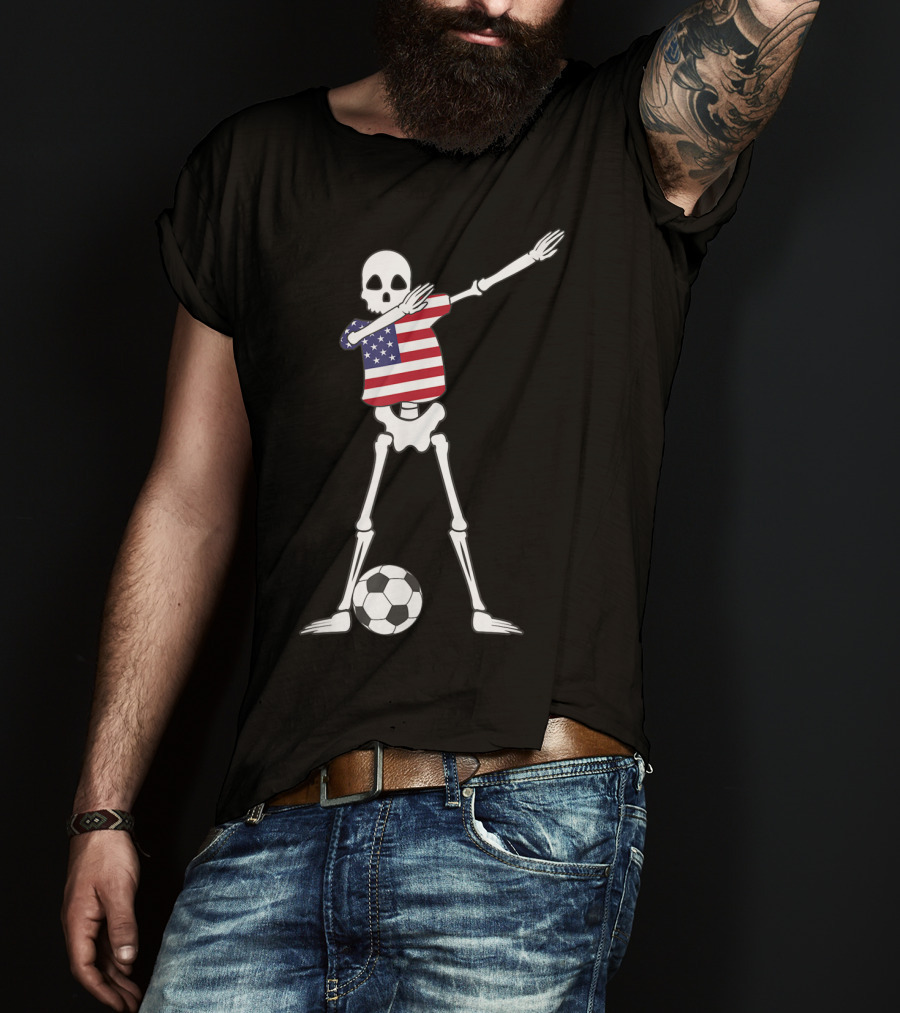 Dabbing Skeleton USA Soccer American Flag Dab Dance Football T-Shirt