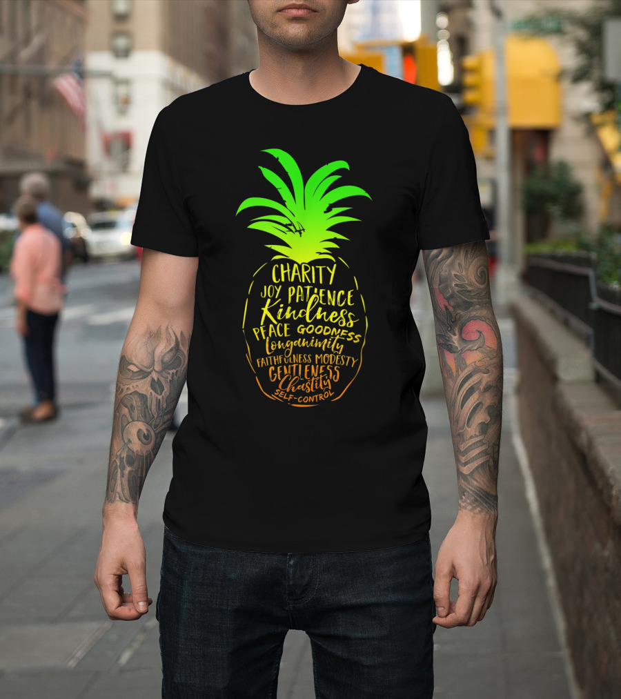 Holy Spirit Catholic Pineapple Charity Joy Patience Kindness Peace Goodness Longanimity Faithfulness Modesty Gentleness Chastity Self-Control T-Shirt
