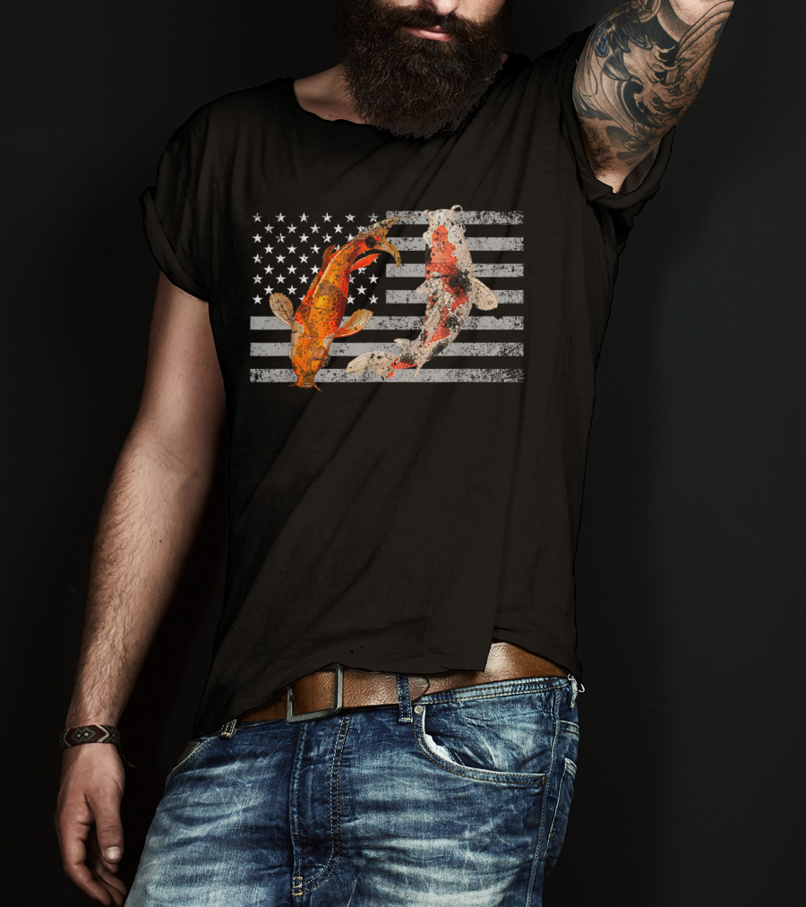USA Flag With Japanese Koi Fish And Koi Carp T-Shirt