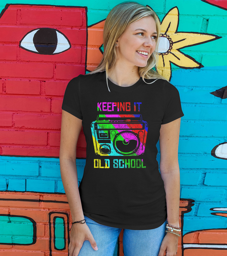 Keeping It Old School Boombox Retro Rainbow 80s Vibes T-Shirt